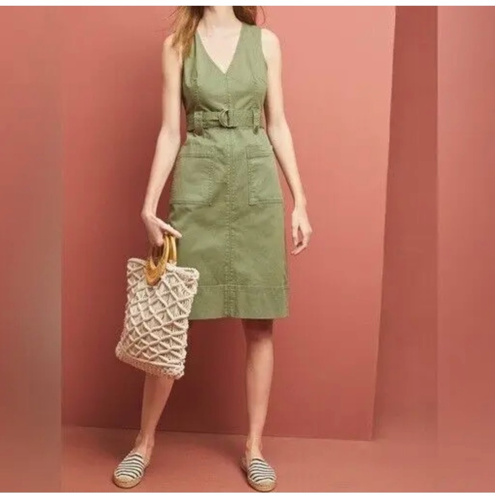 Maeve by Anthropologie Oona Utility Dress Belted Sleeveless Cotton Moss Green